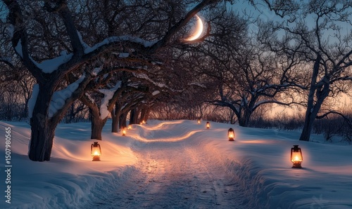 Lantern-lit trail curving through a snow-covered orchard under the glow of a crescent moon, Generative AI