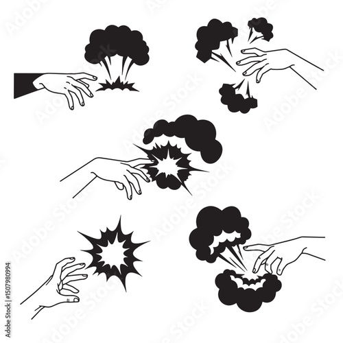 Artistic hand gestures interacting with abstract shapes of explosion and cloud burst silhouettes in black and white vector art