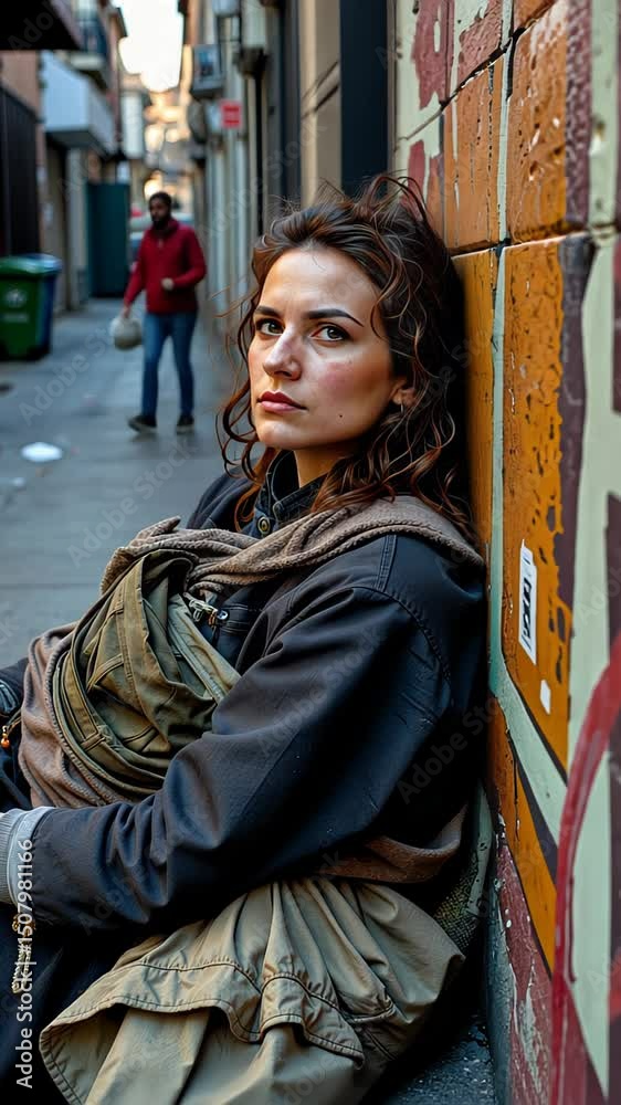 Woman sitting against wall, looking serious in urban setting Woman sitting against wall, looking serious in urban setting