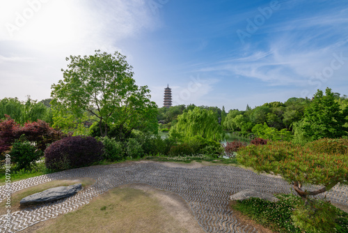 Fototapeta Naklejka Na Ścianę i Meble -  beautiful landscape and view from Slender West Lake and Daming Temple Pagoda, Yangzhou China