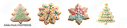 set of Festive christmas cookies decorated with icing. isolated on transparent background