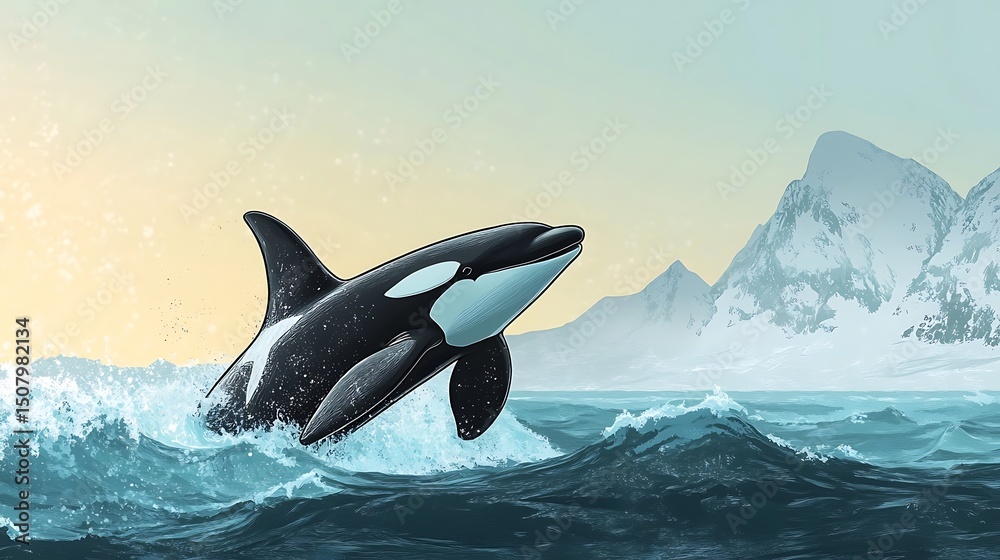 Fototapeta premium Orca leaping out of the water in a serene seascape.