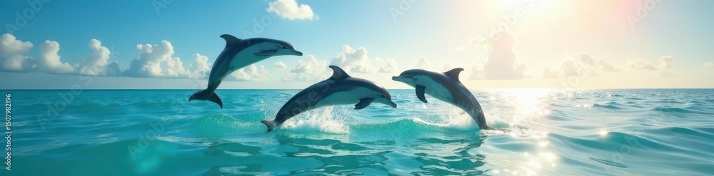 Fototapeta premium Dolphins leaping, turquoise water, sunlit sky, aquatic, scenic