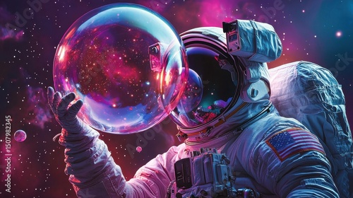 A solitary astronaut clad in a spacesuit reaches towards a large glowing bubble like structure amidst the mesmerizing swirls of a nebula and the twinkling stars of the expansive universe
