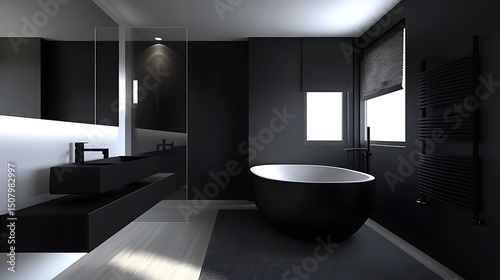 A minimalist black and white bathroom with a freestanding bathtub and matte black fixtures.