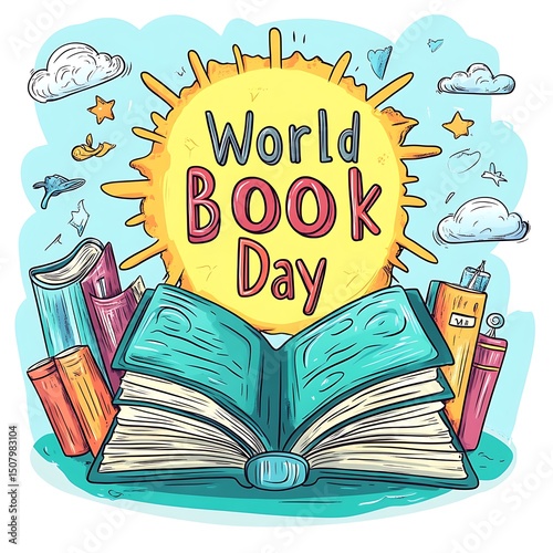 Colorful illustration of an open book celebrating World Book Day.