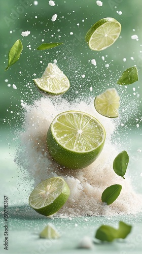 Fresh lime slices and leaves in a powder explosion