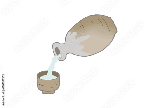 Illustration of sake pouring from a tokkuri into a sake cup
