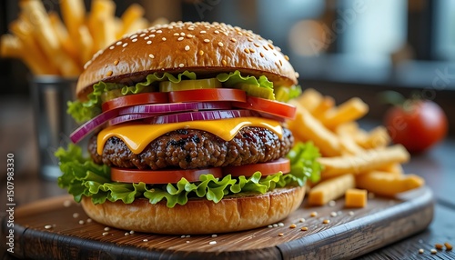 Gourmet Cheeseburger with Melted Cheese, Fresh Lettuce, Tomatoes, and Onions on a Sesame Seed Bun, Served with Crispy Golden French Fries – Classic American Fast Food