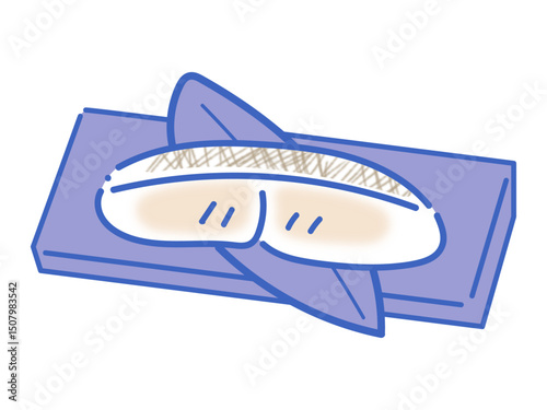 和食の笹の葉と焼き魚の手描きイラスト（青