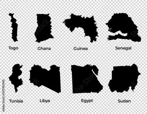 Map shape collection transparent background country simple map of African countries Togo Ghana Guinea Senegal Tunisia Libya Egypt Sudan