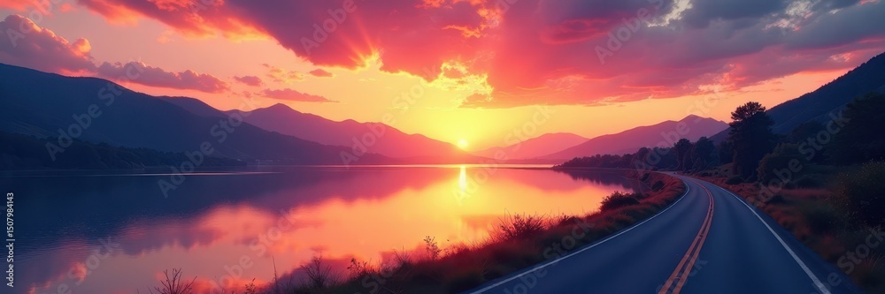 Obraz premium Serene sunset paints sky; calm lake reflects colors, road winds nearby , travel, fall