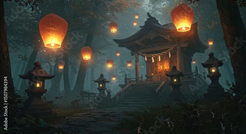 夜の森の中の神社と灯篭とランタン
