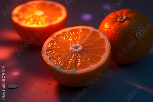 Radiant Citrus with Iridescent Ultraviolet Glow in Gothic Setting photo