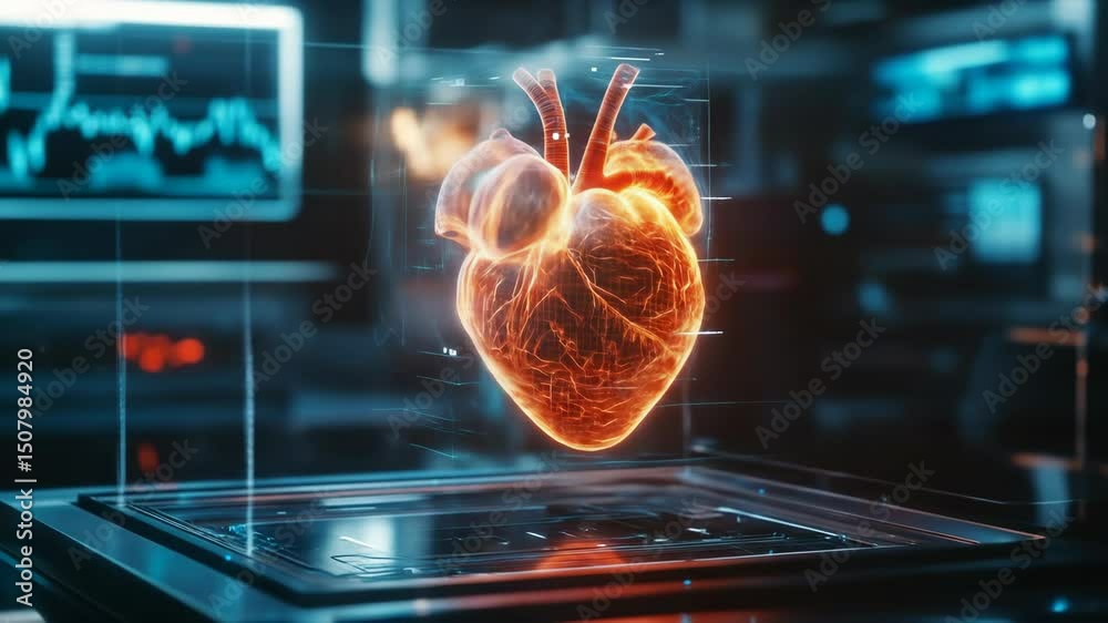 3 d holographic human heart displayed on futuristic platform in high tech medical laboratory setting
