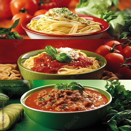 Various pasta dishes served in bowls.