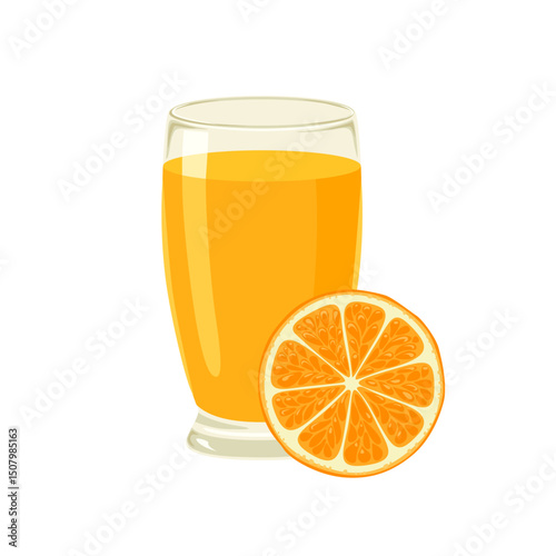 Orange juice in glass and slice of citrus fruit isolated on white background. Vector cartoon flat illustration. Healthy drink icon