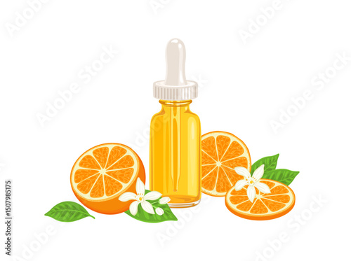 Serum with vitamin C. Citrus essential oil in dropper bottle. Vector cartoon flat illustration.