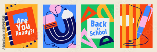 Set of Back to school cards. Creative flat style education icons, symbols, doodles on colorful background. Art collage, papers, hand drawn fun design elements. Bright colorful school subjects concept.
