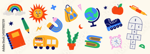 Wallpaper Mural Back to school doodle design elements collection. Set of stationery vector illustration in cartoon retro flat style, equipment for study, items, supplies for learning, books, backpack, globe, pencil. Torontodigital.ca