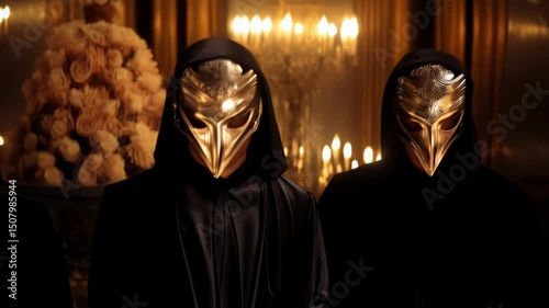 Figures wearing golden masks and black robes stand near candelabras in dim, mysterious lighting
