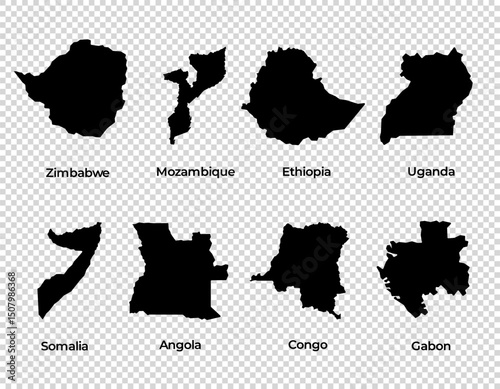 Map shape collection transparent background country simple map of Zimbabwe Mozambique Ethiopia Uganda Somalia Angola Congo Gabon African countries