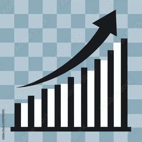 Financial growth concept with rising bar chart and increasing arrow over background.