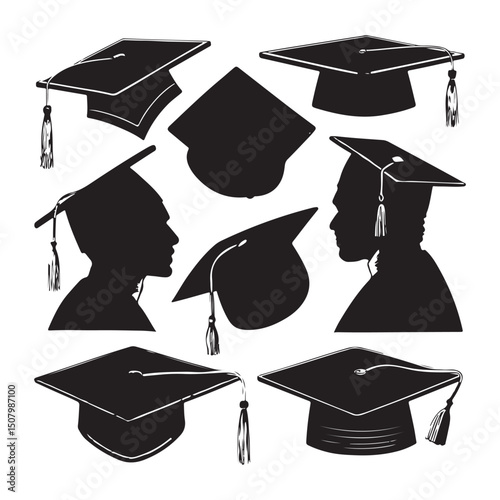 A collection of graduation cap set vector silhouette