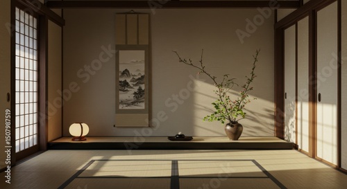 畳の部屋に掛け軸と生け花のある静かな和室