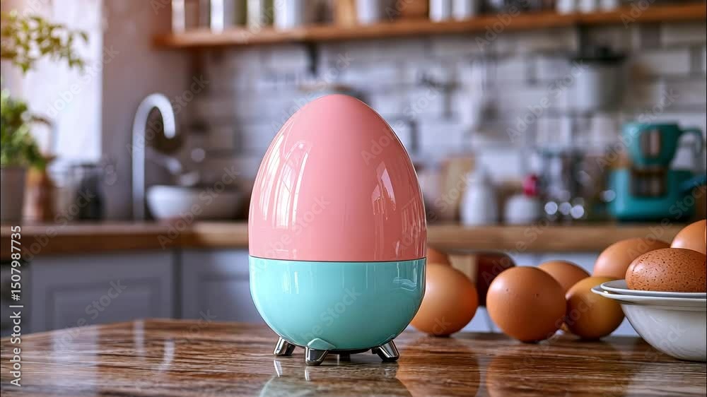 Decorative egg-shaped container with pastel colors on table in kitchen background. 