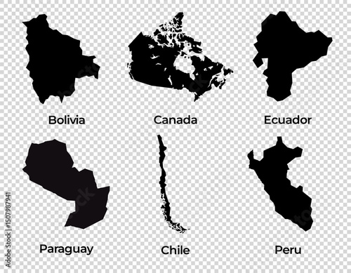 Map shape collection transparent background country simple map of Bolivia Canada Ecuador Paraguay Chile Peru south America countries