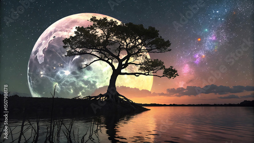 Solitary Tree Silhouetted Against a Giant Moon and Starry Night Sky A Surreal Landscape