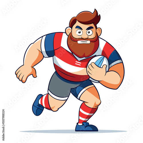 Illustrated cartoon of a determined rugby player running with a ball in vibrant colors