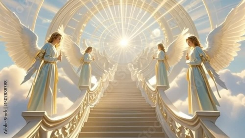 Radiant Angels Ascending Golden Light Spiral Staircase Through Singing Clouds with Celestial Choir and Pastel Sky 4K Fantasy Cinematic video background