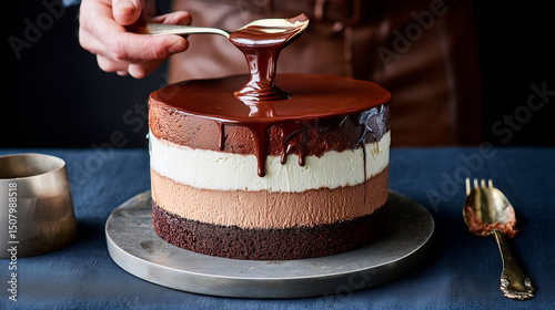 Expert Baker Skillfully Pouring Rich, Glossy Chocolate Ganache Over a Decadent Layered Mousse Cake