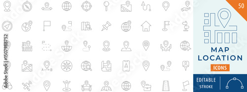 Map Location icon collection set. Contains flag, geolocation, place, distance, navigation, route, and more. Editable stroke.
