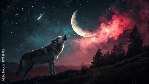 Majestic Wolf Howling at the Crescent Moon Under a Starry Night Sky