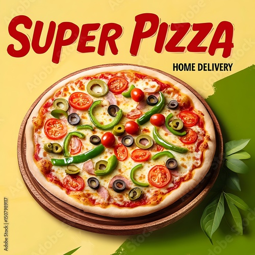 Delicious pizza with assorted toppings on a wooden platter.