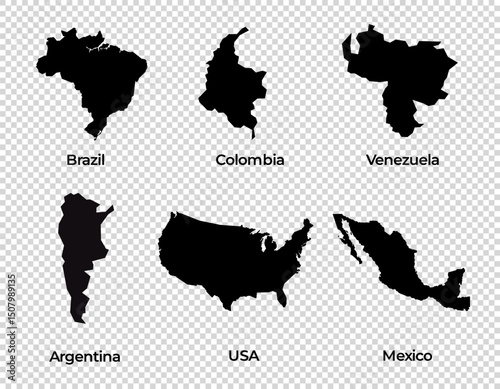 Map shape collection transparent background country simple map of Brazil Colombia Venezuela Argentina USA United States America Mexico south east