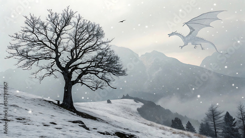 Majestic White Dragon Soaring Over a Snowy Mountain Landscape