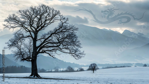 Majestic Winter Landscape with a Mystical Dragon in the Clouds