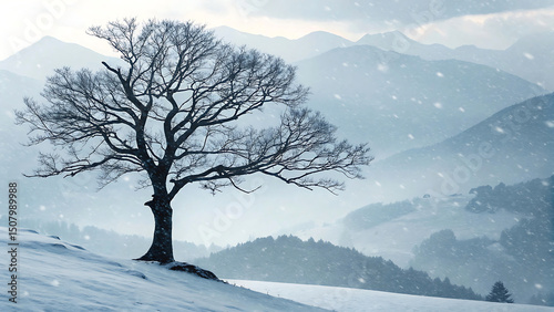 Solitary Tree in Snowy Mountain Landscape A Winter Wonderland Scene