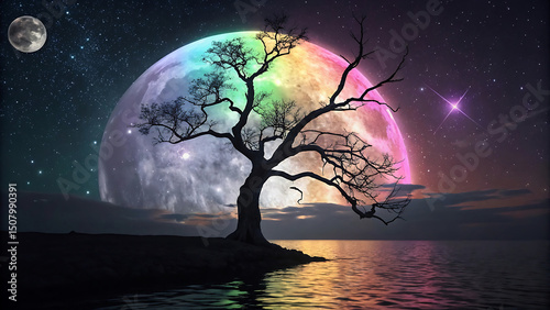 Surreal Landscape Bare Tree Silhouetted Against a Rainbow Moon and Starry Night