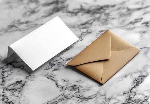 Brown Envelope and Blank Card Mockup on Marble Surface

 photo