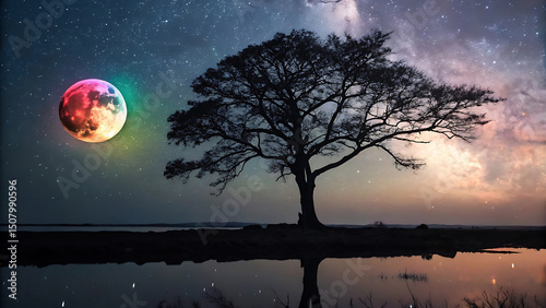 Cosmic Nightscape A Lonely Tree Silhouetted Against a Vibrant, Colorful Moon and Starry Sky