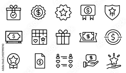 Benefit, offer and reward editable stroke outline icons set isolated flat illustration on white background 