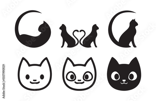 Cute Black Cat Silhouettes and Paw Print Icons Collection - vector illustration