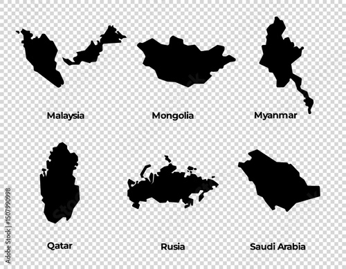 Map shape collection transparent background country simple map of Malaysia Mongolia Myanmar Qatar Russia Saudi Arabia