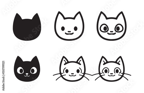 Cute Black Cat Silhouettes and Paw Print Icons Collection - vector illustration