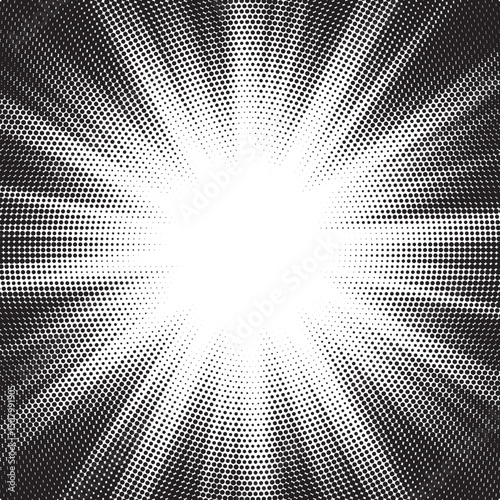 Halftone gradient sun rays pattern. Abstract halftone vector dots background. monochrome dots pattern. Vector background in comic book style with sunburst rays and halftone. Retro pop art design.